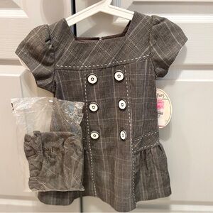 Elegant Kids Gray Plaid Dress with Hat and  Button Details